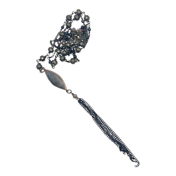 Handcrafted Beaded Necklace With Labradorite Pendant & Tassel Gunmetal Chain - Picture 8 of 11